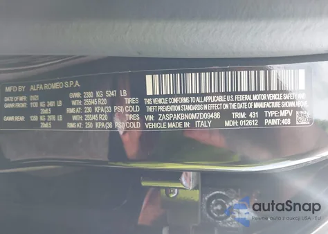 2021 Alfa Romeo Stelvio Ti Awd z USA, uszkodzony, nr VIN ZASPAKBN0M7D09486